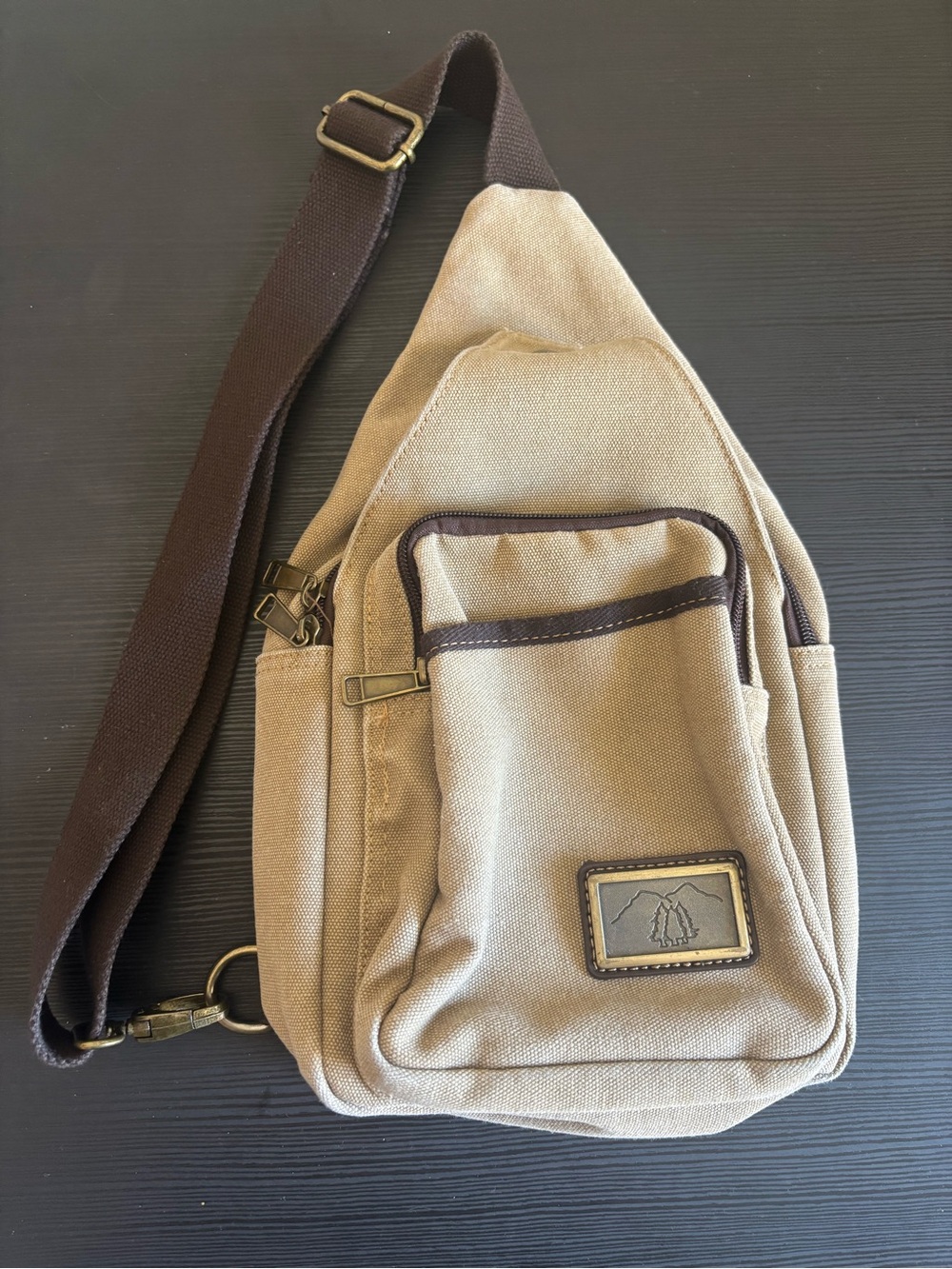 Canvas Sling Bag Tan with Brown Strap
